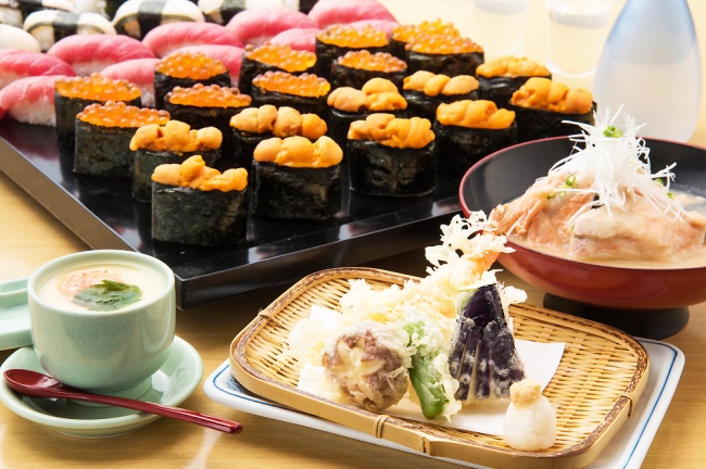 天ぷら、茶碗蒸し、大名椀つきの高級ネタの寿司食べ放題!