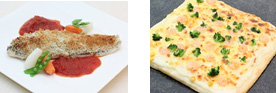 【左】白身魚の香草パン粉 つけ焼き（9月）【右】小海老とコーンのグラタンピザ（10月の土日祝）