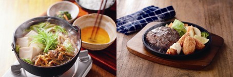 (左)すき焼き鍋定食 ￥759(税込￥819) 単品：659(税込￥711)　(右)しんけんハンバーグ＆ミックスフライ ￥799(税込￥862)　※写真のソースはてりやきペッパー
