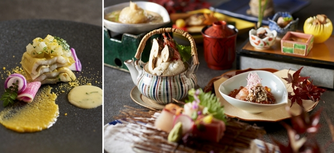 左：リーガトップ「Recueil」の1品／右：日本料理なにわ「四季彩会席」