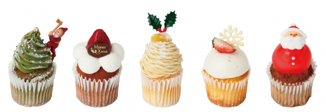 ＜左から、クリスマスツリー / 苺のショートケーキ / クラシックモンブラン / スノードームチーズケーキ / サンタアップルティー＞