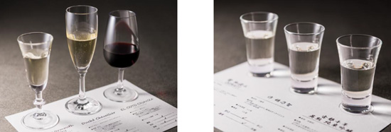 【左】ワイン3種飲み比べ（各90ml）【右】日本酒3種飲み比べ（各60ml）