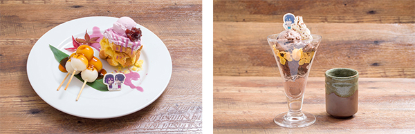 ▲紫原と氷室のみたらし団子プレート（左）／▲花宮の抹茶チョコレートパフェ（右）