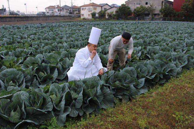 三浦農園にて、松波キャベツの甘みを初めて味わう鍬先料理長とキャベツ畑を案内する三浦淳さん