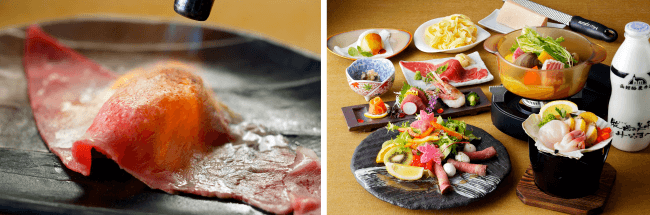 左：牛ロース肉の炙り寿司　右：「EZO 御膳～冬～」