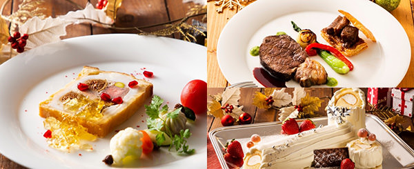 左（画像1）冷製鴨とフォアグラのパイ包み焼き　右上（画像2）グリルビーフ 赤ワインソース　右下（画像3）ブッシュドノエル