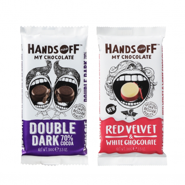 （左）ハンズオフ ダブルダークチョコレート （右）ハンズオフ レッドベルベット＆ホワイトチョコレート