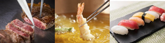 オープンキッチンより出来たてでご用意する「牛肉の鉄板焼」（写真左）、「海老と野菜の天ぷら」（写真中） 、土日祝限定の「にぎり寿司」（写真右）