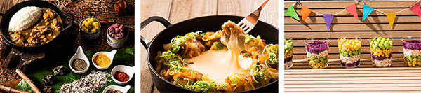 (左から)チキンとひよこ豆のスパイスカレー＆ライス、トッポギ入りチーズダッカルビ、鶏むね肉のチョップドサラダ