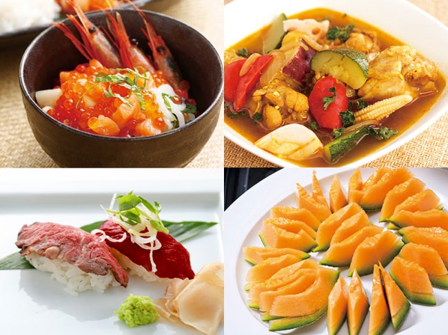 左上：お好み海鮮丼、右上：スープカレー、左下：エゾ鹿生ハムのにぎり寿司と牛肉の炙り寿司、右下：北海道産メロン