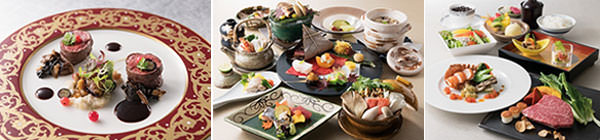 （左から）仏蘭西料理「プルミエ」、日本料理「曙」、鉄板焼「梅野」