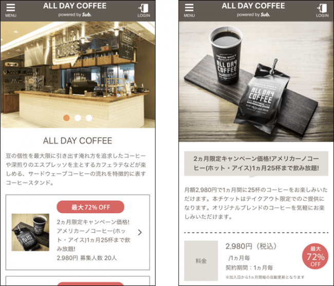 「ALL DAY COFFEE」の定額サービス画面のイメージ