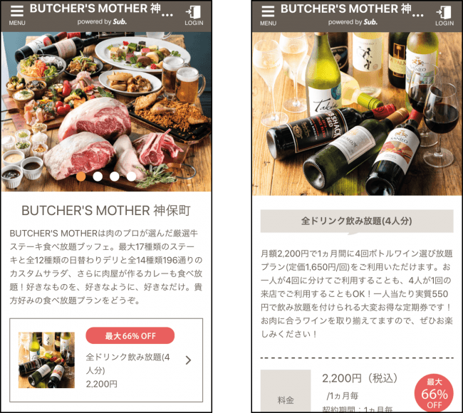 「BUTCHERS MOTHER」の定額サービス画面のイメージ