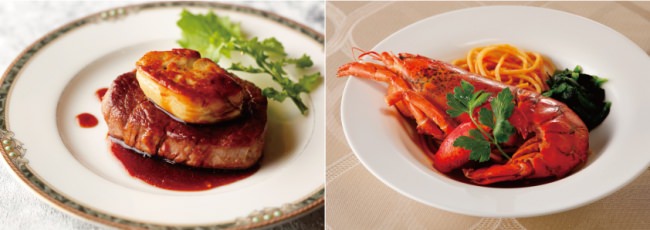 左：道産牛ヒレ肉とフォアグラのソテー　ロッシーニ仕立て　トリュフ風味のソースで　　右：オマール海老のヴァプール　リングイネパスタとアメリカンソースで
