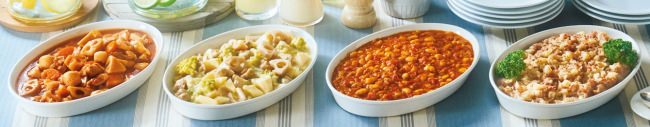 ビュッフェでの提供イメージ　 （左から）ごろごろ野菜の洋風筑前煮、ごろごろ野菜の柚子こしょうクリーム煮、白いんげん豆の煮込み、コンビーフハッシュ
