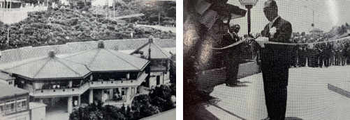 (左)1976年当時の様子、（右）中村三郎社長（開業当時）によるテープカットの様子