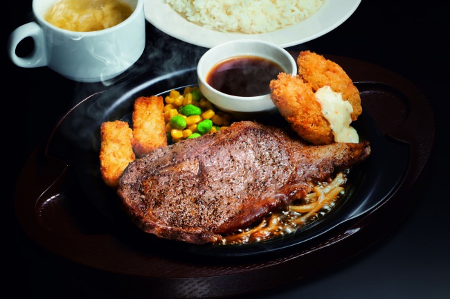 牛リブロースステーキと広島産カキフライ ライス・日替わりスープ付き