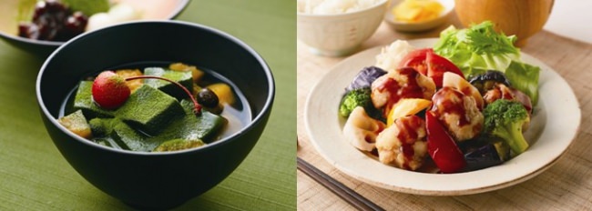 【左】お抹茶香るあんみつ膳　￥499（税込￥548）【右】彩り野菜と若鶏の黒酢あんかけ定食　￥699（税込￥768） ※写真はイメージです。