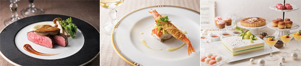 （左から）フォアグラとビーフステーキロッシーニスタイル（ディナーのみ）、白身魚のトマト蒸し小海老のカダイフ巻き、デザートイメージ