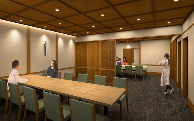 石畳をモチーフとした絨毯や木目の天井。温かみのある空間を演出