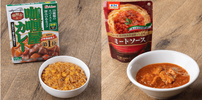 左から「混ぜるだけ　カレーリゾット」「ミートソースで作る サバのトマト煮込み風」
