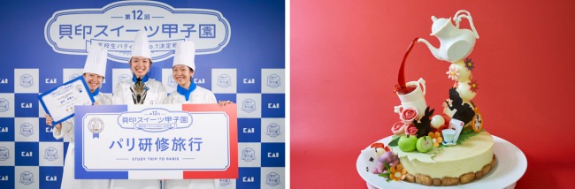 前回優勝チームの学校法人糸菊学園名古屋調理師専門学校「amusant」のメンバー（左）と作品「不思議の国のティーパーティー」