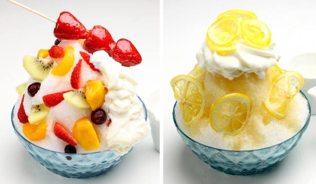 （左）（左）白くまくん いちご飴トッピング  ￥1,260《税抜》  （右）はちみつレモンの天然水かき氷　￥1,080《税抜》