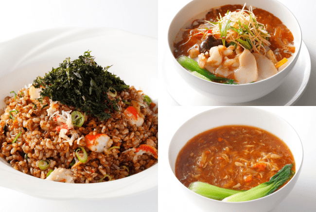 （左）蟹肉入り黒チャーハン　（右上）Jシリアル麺のピリ辛豆乳スープそば　（右下）ふかひれあんかけJシリアル豆乳麺