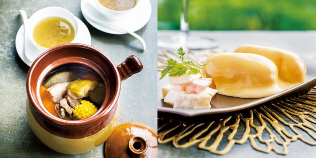 左：例湯（広東風炊き込みスープ）　右：生汁龍鳳巻（プリプリ海老の特製マヨネーズソース和え）