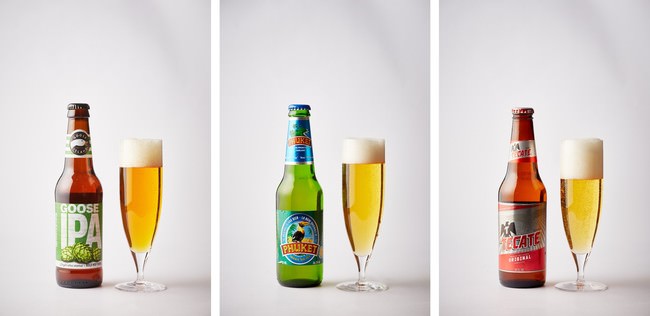左から「グースアイランドIPA」（アメリカ）、「プーケットビール」（タイ）、「テカテビール」（メキシコ）