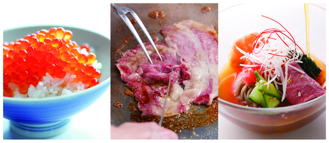 左から 北海いくら丼（北海道） 肉質日本一！鳥取和牛鉄板焼きしゃぶ（鳥取） 盛岡冷麺 ローストビーフのせ（岩手）