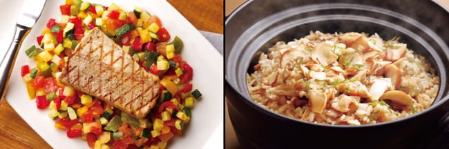 左：10月土日祝限定「マグロのグリル ソースジャポネ」、右：9月「松茸とキノコの炊き込みご飯」料理イメージ
