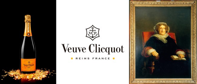 （左）ヴーヴ・クリコ イエローラベル ブリュット、（右）マダム・クリコ肖像画