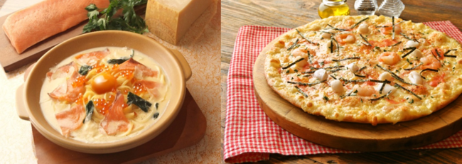 左：『スモークサーモンといくらの和風カルボ』　右：『明太子とシーフードの和風ピザ』