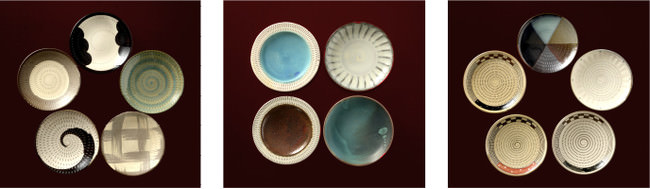 小石原焼の小皿がセットになった特別パックも販売（左から鶴見窯、元永陶苑、森喜窯）