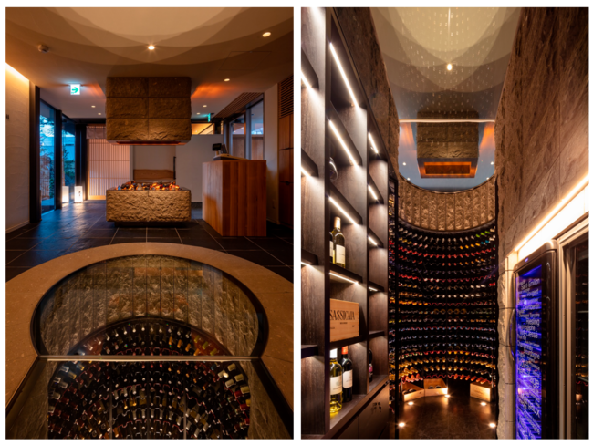 500本のワインや日本酒が眠る入口近くから見えるガラス床下にあるワインセラー