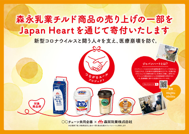 森永乳業チルド商品*を購入いただくと、売り上げの一部がジャパンハートの実施する新型コロナウイルスに対する支援活動への寄付につながります
