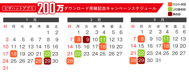ピザハットアプリ200万ダウンロード突破記念キャンペーンカレンダー