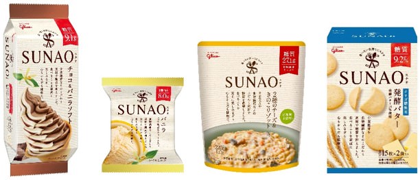 ​画像：リニューアルした「SUNAO」ブランド商品から一部抜粋  左から＜チョコ＆バニラソフト＞＜バニラ＞＜2種のチーズ＆きのこリゾット＞＜発酵バター＞