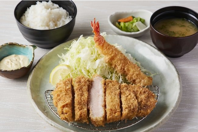 【ランチ】海老とリブロースかつ ランチ定食(海老1本、リブロースかつ170g)　＜ご飯・味噌汁・香の物＞　1300円