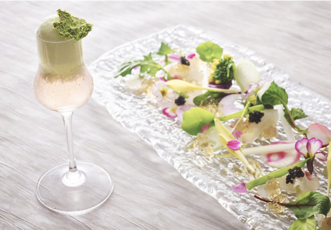 昆布〆桜鯛のカルパッチョ　春のハーブサラダ 【カクテル】桜ロゼスパークリング 空豆と桜のミルクフォーム