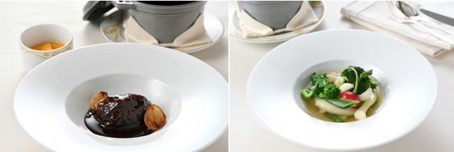 ル サロン ジャック・ボリー　牛ホホ肉の赤ワイン煮(写真左）季節野菜のポトフ(写真右)　イメージ
