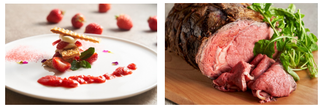 左：苺のミルフィーユイメージ／右：牛ロース肉（ニュージーランド産）のローストビーフイメージ