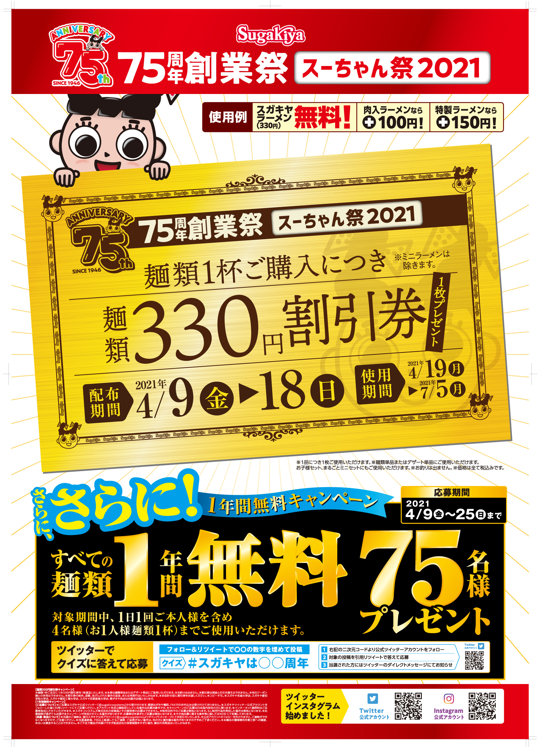 4月9日からのスガキヤ75周年創業祭「スーちゃん祭」開催迫る！
麺類330円割引券や、麺類1年間無料の特典がもらえるチャンス