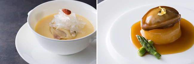 （左）烏骨鶏卵の茶碗蒸し ツバメの巣と蛤（右）岩手県産干し鮑 オイスターソース煮