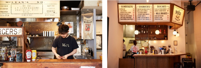 写真左：バーガースタンドキッチンの様子　　右：第2号店ダイナーの様子
