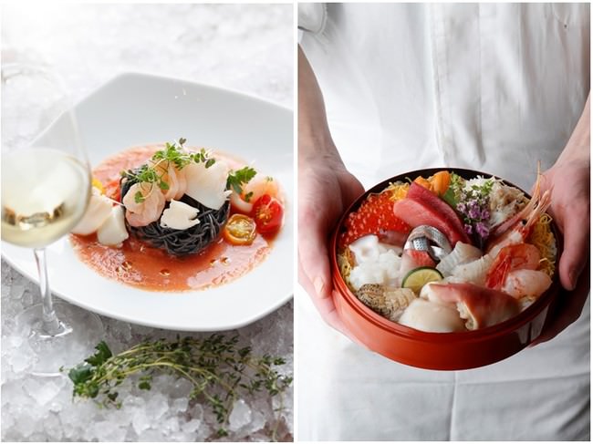 左：「イカ墨のカッペリーニ シーフードとガスパチョソース」 右：「北海道 プレミアム海鮮丼セット」