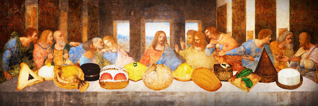 左から順に、①ハマンの耳（バルトロマイ）、②レモンのシャーベット（小ヤコブ）、③魚の形のミートパイ（アンデレ）、④チョコサンド（ユダ）、⑤マリトッツォ（ペテロ）、⑥レバニ（ヨハネ）、 ⑦パン・ド・カンパーニュ（イエス）、⑧クルフィ（トマス）、⑨タルタ・デ・