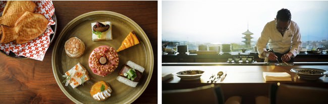 （写真左）「NINENZAKA TEA TIME」より3種のサンドウィッチ、季節のドーナツ2種、マンゴータルト、柚子メレンゲパイ、ミニシューアイス、たいやき、ワンドリンク付き（写真右）八坂「ランチコースメニュー」は2コースをご用意