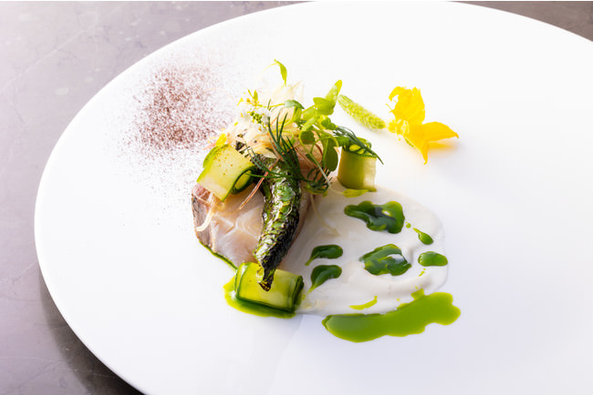 ランチコースTASTINGの前菜：カンパチの炙り　自家製ヨーグルトのソース